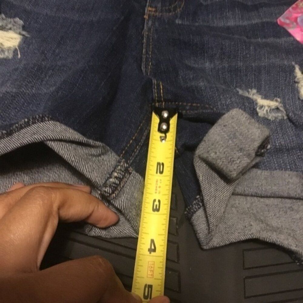 Almost Famous Dark Wash Distressed Destroyed bottom cuff Jean Denim shorts 13 - Picture 5 of 12